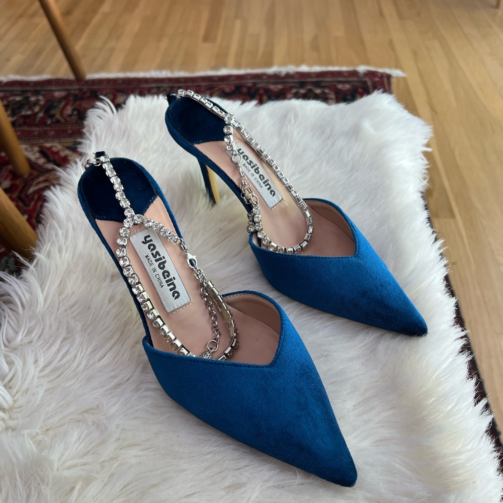 Blue Velvet Stiletto Heels with ankle bracelet